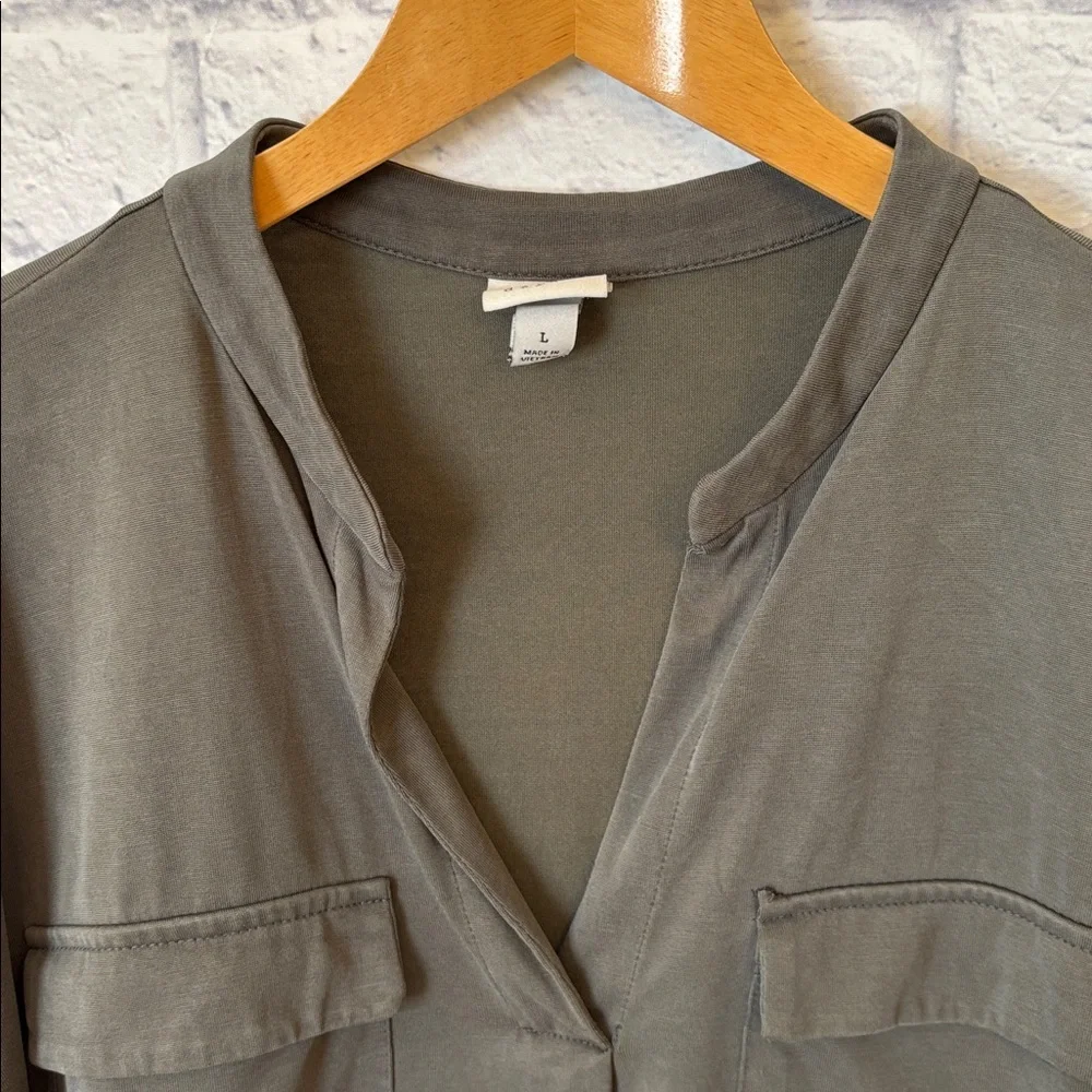 A New Day Long Sleeve Blouse Top Neutral Olive Green V Neck Soft Size Large